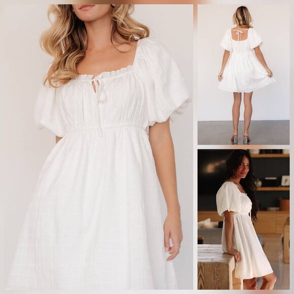Baltic Born Hilaree Milkmaid Puff Sleeve Tie Neck Breezy Feminine Mini Dress Sz. - Picture 1 of 5